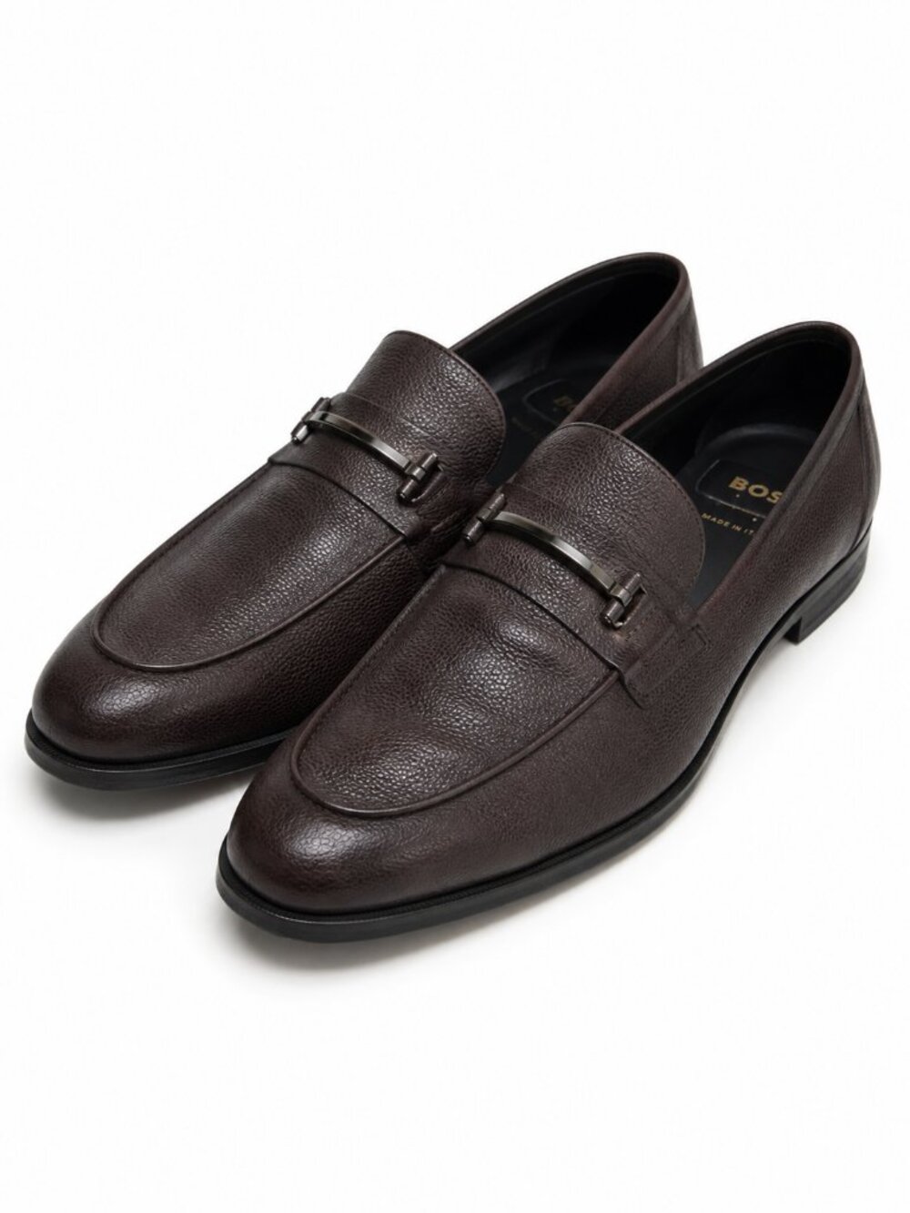 Boss Made in Italy Brown Pebbled Leather Horsebit Loafers Mens US 12 UK 11